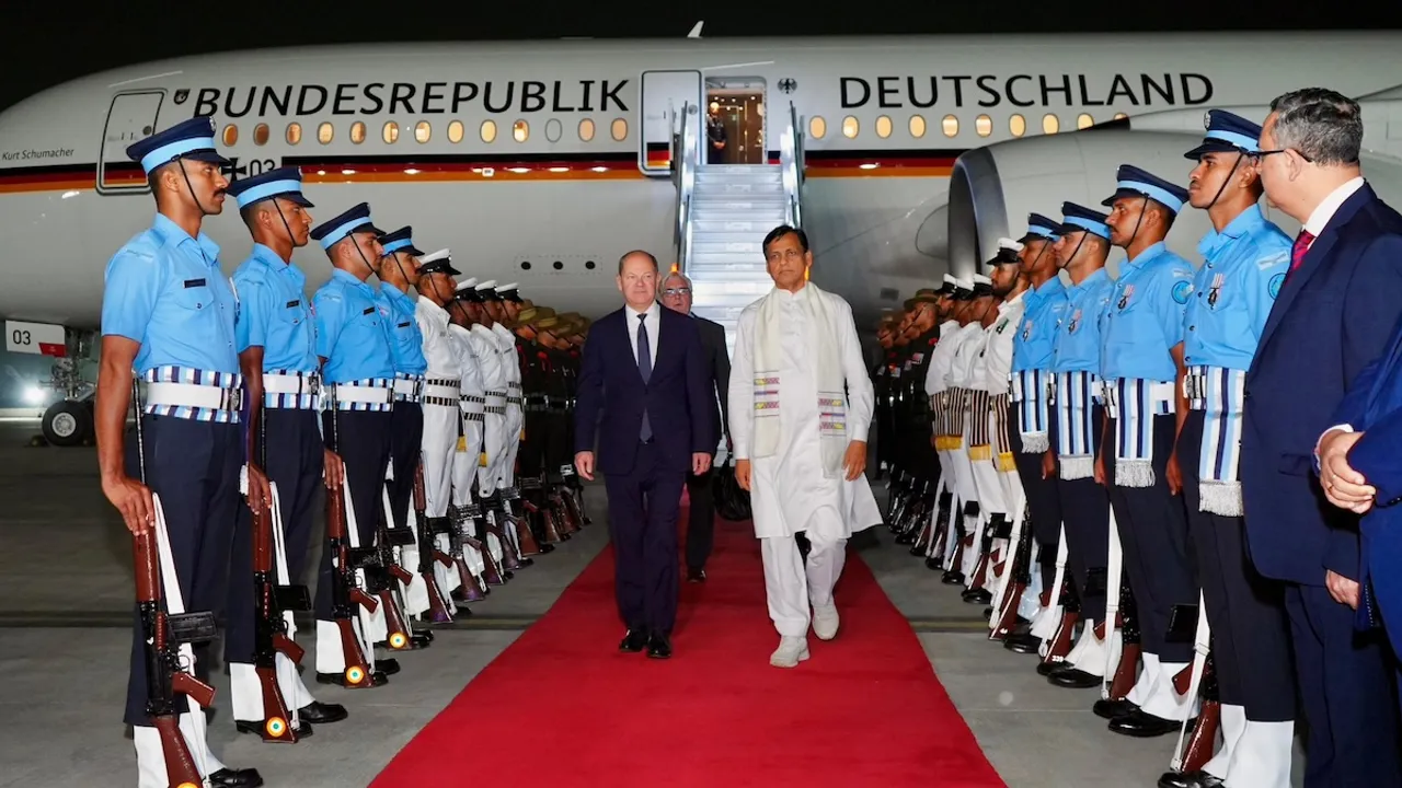 Olaf Scholz was received with a ceremonial welcome by MoS for Home affairs Nityanand Rai on Thursday, October 25, 2024.