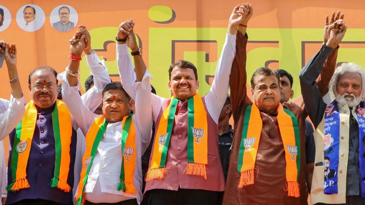 Union Minister Nitin Gadkari with Maharashtra Deputy Chief Minister and BJP candidate from Nagpur South-West Assembly constituency Devendra Fadnavis, Friday, Oct 25, 2024.