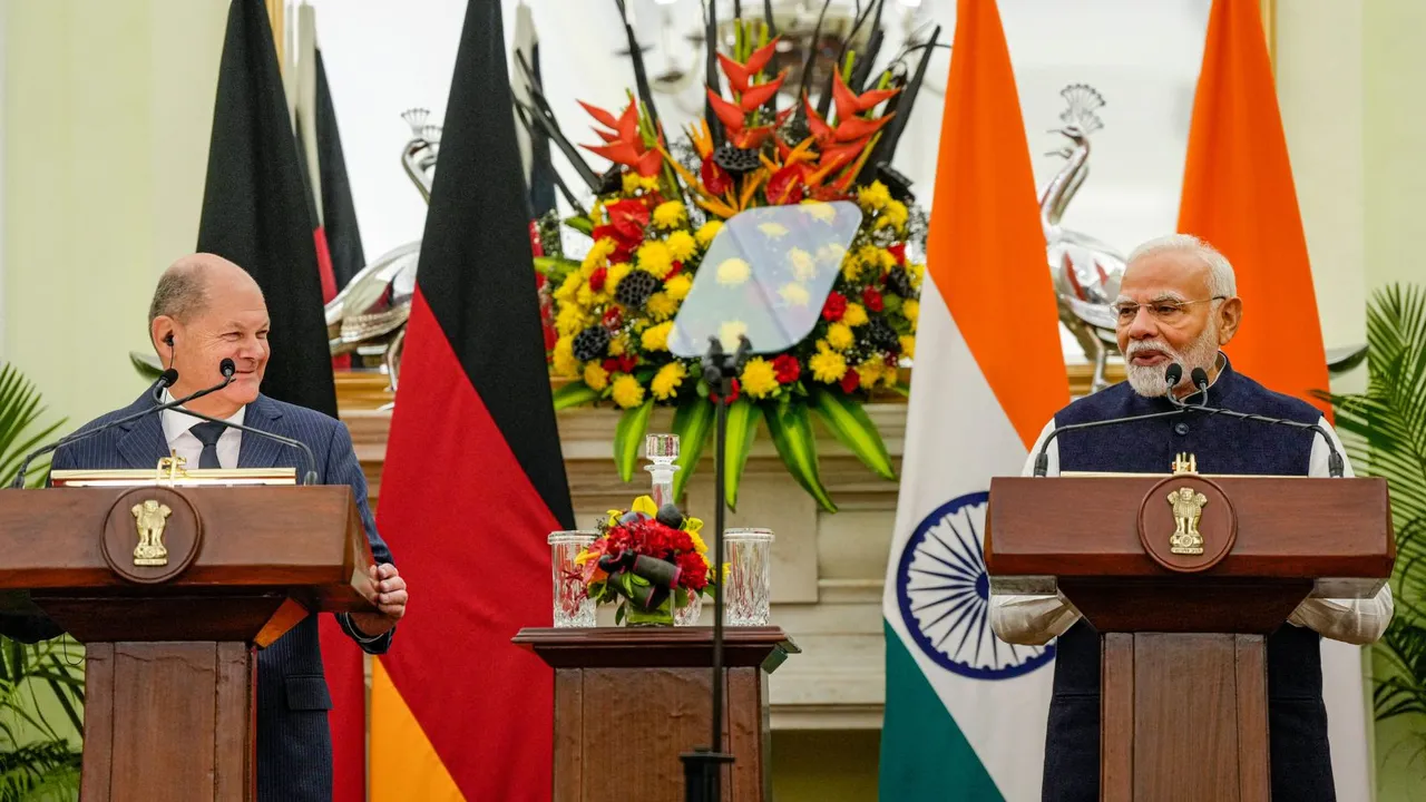 Prime Minister Narendra Modi and German Chancellor Olaf Scholz during a press meet after their delegation level talks, at the Hyderabad House, in New Delhi, Friday, Oct. 25, 2024.