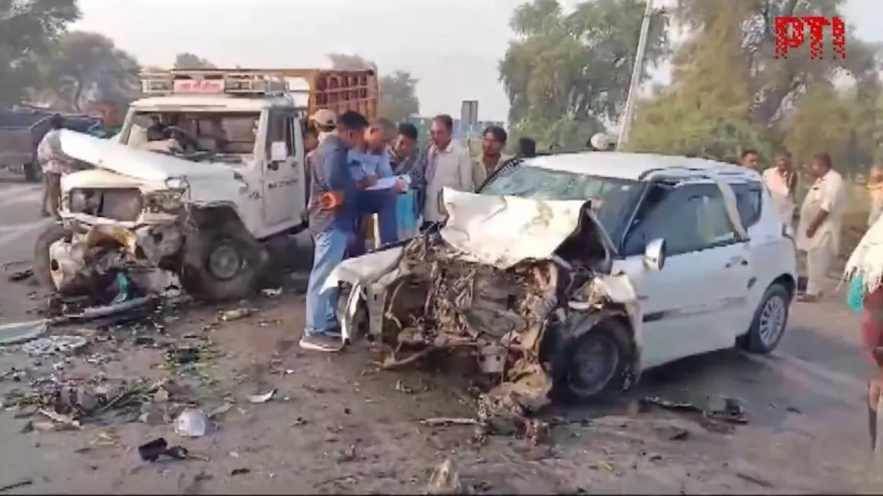 A head-on collision between a car and a pickup truck in Rajasthan's Anupgarh on Saturday