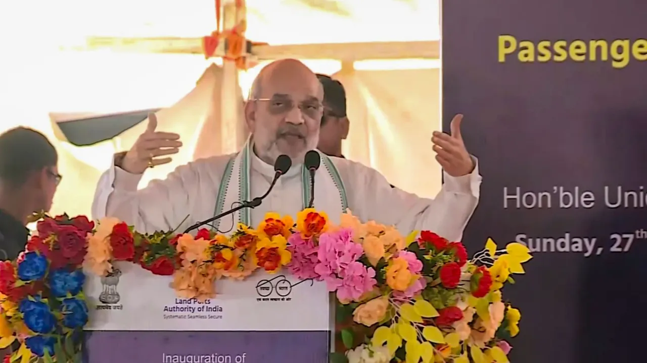 Union Home Minister Amit Shah addresses the gathering, in North 24 Parganas district, West Bengal, Sunday, Oct. 27, 2024.