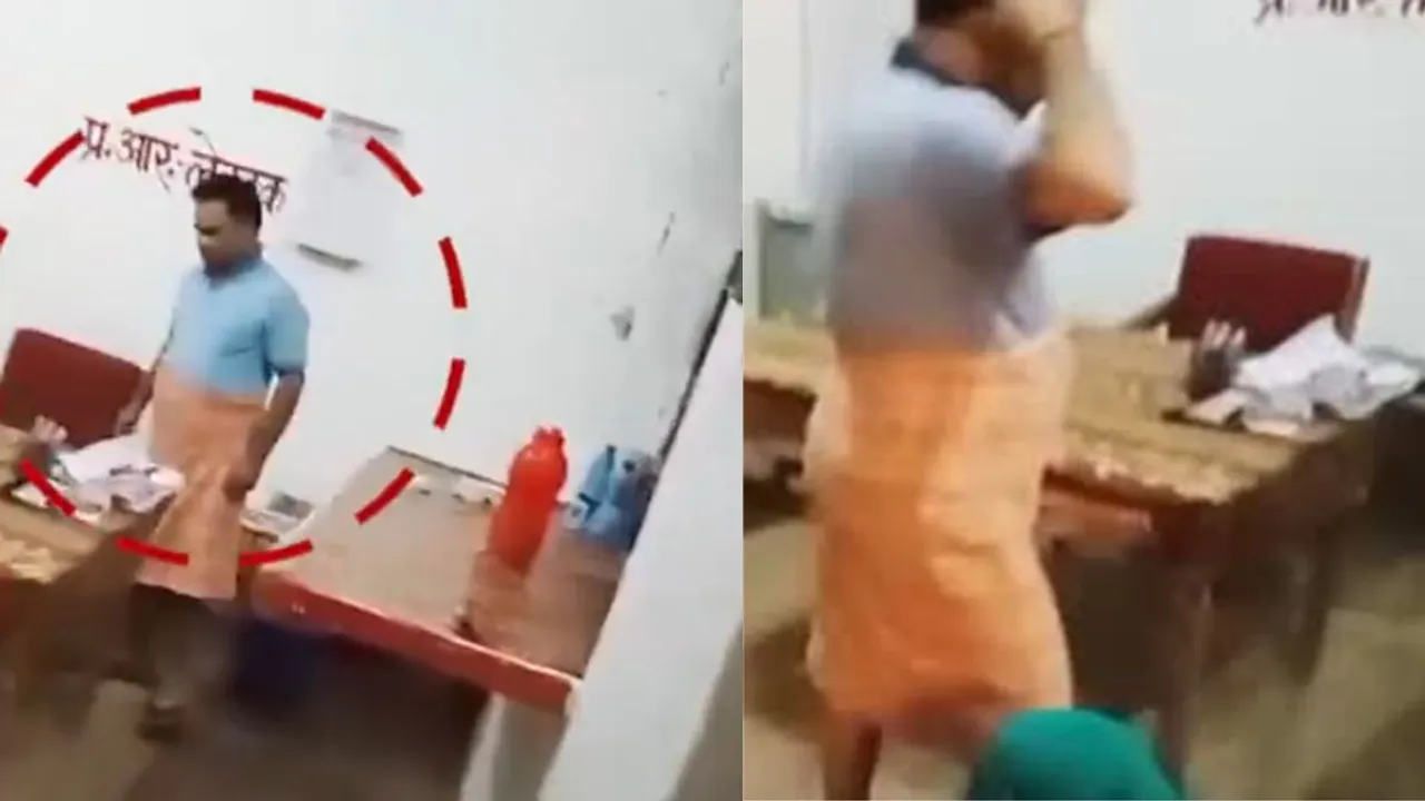 Screenshot from a video of a sub inspector showing him ill-treating a woman while being clad in a 'lungi'
