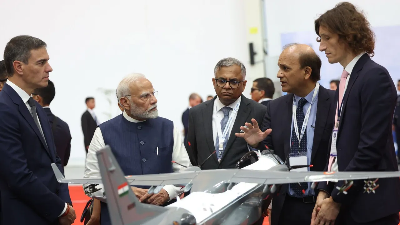 Prime Minister Narendra Modi, Spanish Prime Minister Pedro Sanchez and Tata Sons Chairman Natarajan Chandrasekaran visit the TATA Aircraft Complex after its inauguration, in Vadodara, Gujarat, Monday, Oct. 28, 2024.