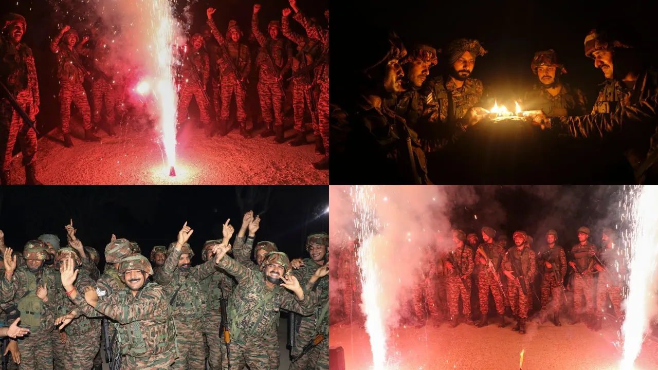 Indian Army personnel celebrate Diwali along the Line of Control (LoC), in Akhnoor sector of Jammu and Kashmir, Monday night, Oct. 28, 2024.