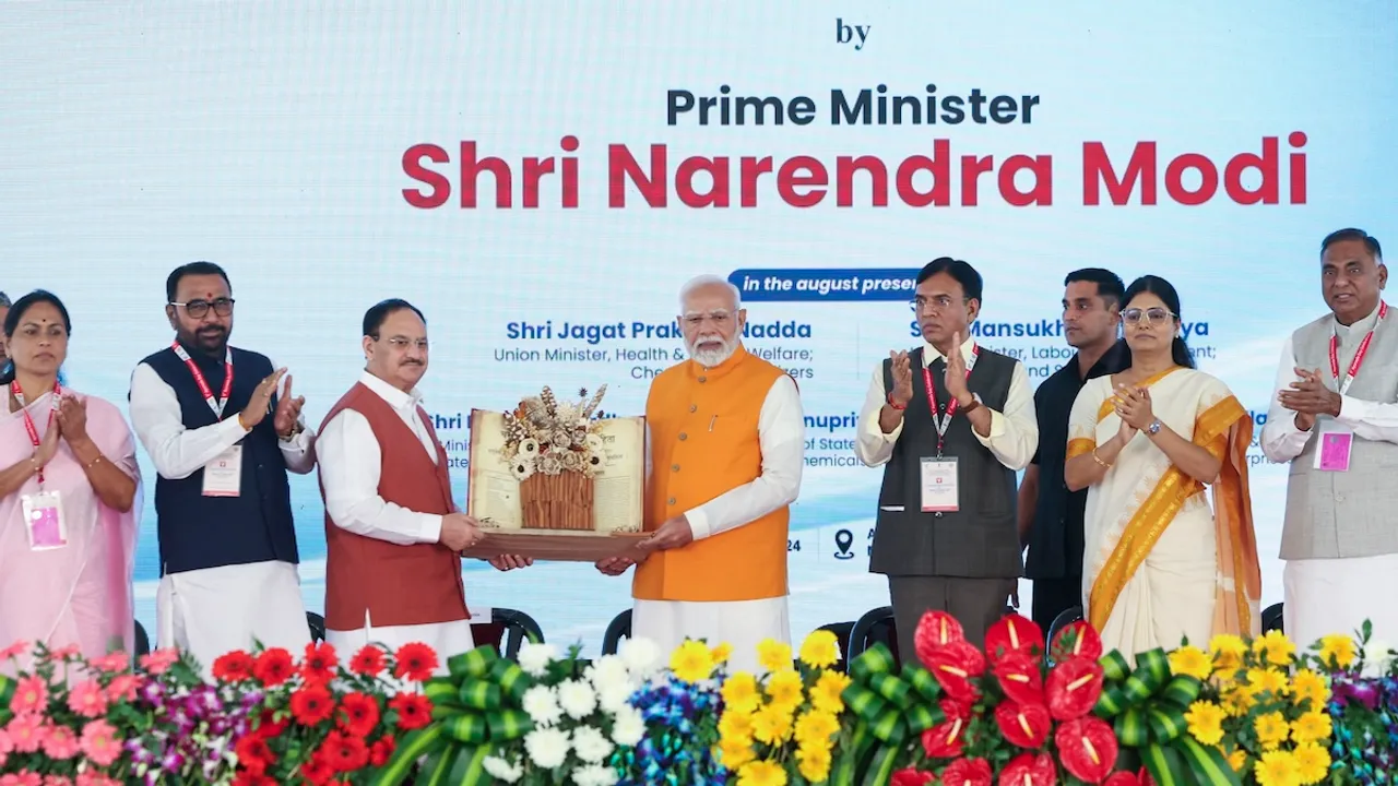 Prime Minister Narendra Modi with Union Ministers JP Nadda, Mansukh Mandaviya and others at the launch, inauguration and foundation stone laying of multiple projects, at All India Institute of Ayurveda (AIIA) in New Delhi, Tuesday, Oct. 29, 2024.