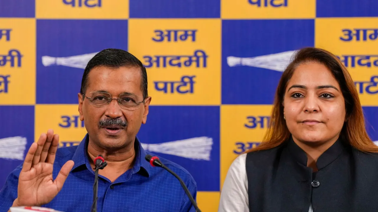 Aam Aadmi Party (AAP) National Convenor Arvind Kejriwal with MCD Mayor Shelly Oberoi addresses during a press conference, in New Delhi, Wednesday, Oct. 30, 2024.