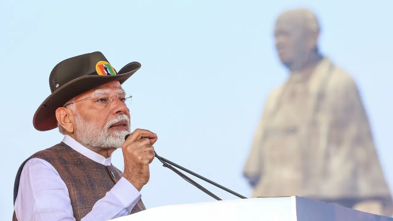 Prime Minister Narendra Modi speaks during the Ekta Diwas Parade at the Statue of Unity on the occasion Sardar Vallabhbhai Patel's birth anniversary, in Kevadia, Thursday, Oct. 31, 2024