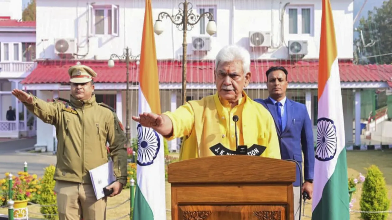 J&K Lt. Governor Manoj Sinha administers the Rashtriya Ekta Diwas pledge to the officers of Raj Bhawan on the occasion of the Rashtriya Ekta Diwas to commemorate the birth anniversary of Sardar Vallabhbhai Patel, in Srinagar.