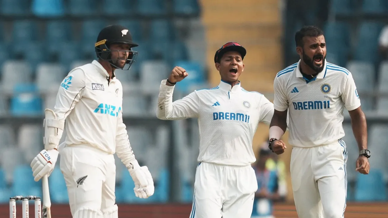 India's bowler Akash Deep celebrates the wicket of New Zealand's batter Devon Conway during the first day of the third Test cricket match between India and New Zealand, at Wankhede Stadium, in Mumbai, Friday, Nov. 1, 2024