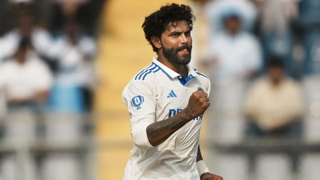 India's Ravindra Jadeja celebrates the wicket of New Zealand's Glenn Phillips on the first day of the third test cricket match between India and New Zealand, at the Wankhede Stadium, in Mumbai, Friday, Nov. 1, 2024