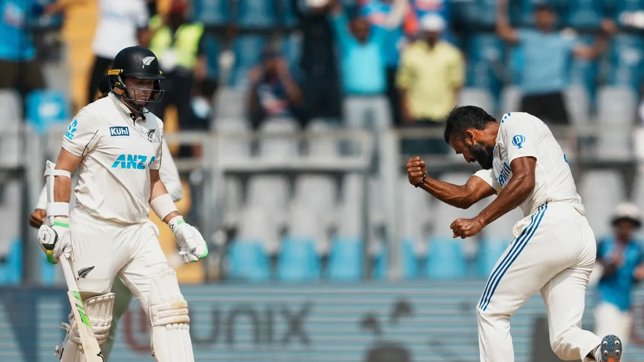 Akash Deep celebrates the wicket of New Zealand's captain Tom Latham on the second day of the third test cricket match between India and New Zealand, at the Wankhede Stadium, in Mumbai, Saturday, Nov. 2, 2024.