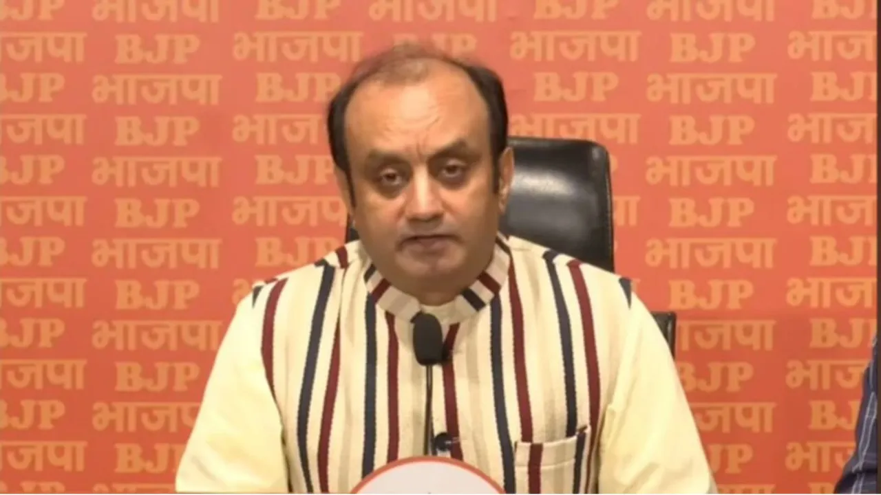 BJP national spokesperson Sudhanshu Trivedi addressing a press conference in New Delhi