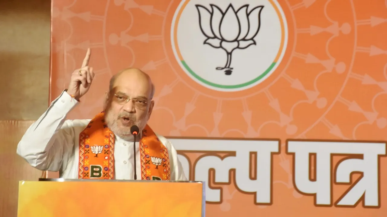 Amit Shah speaks at the release of the party's Sankalp Patra (election manifesto) for the upcoming Assembly elections, in Ranchi, Sunday, Nov. 3, 2024.