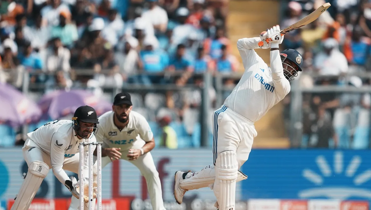 India's Rishabh Pant plays a shot during day three of third Test cricket match between India and New Zealand at Wankhede Stadium, in Mumbai, Sunday, Nov. 3, 2024.