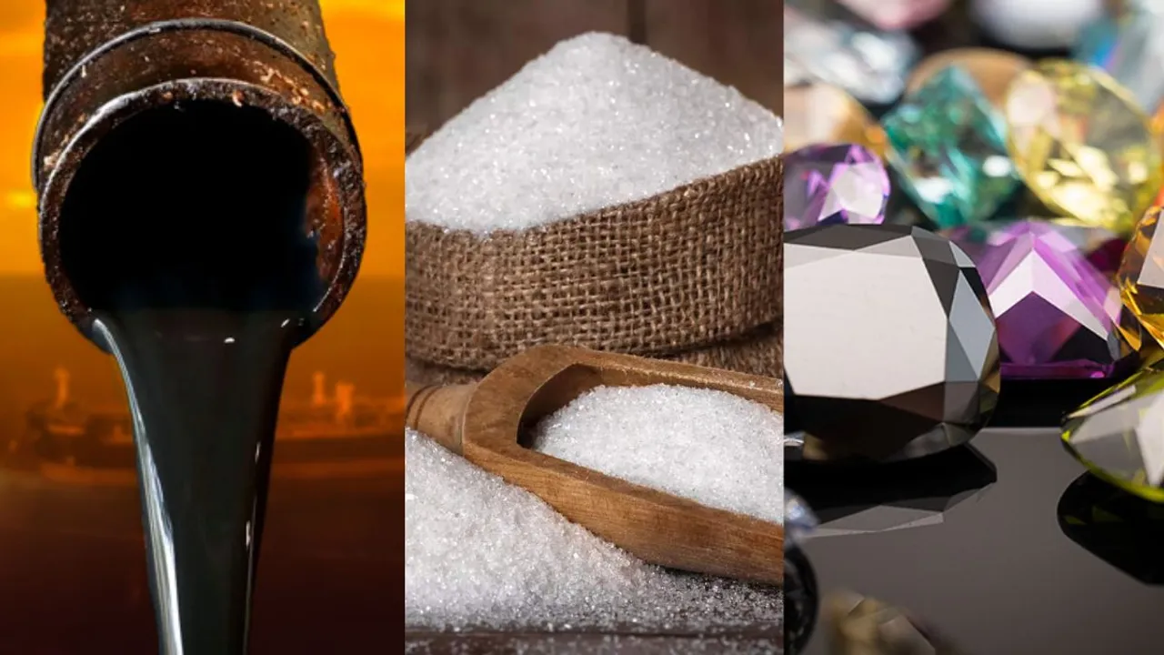 petroleum, gemstone, sugar exports