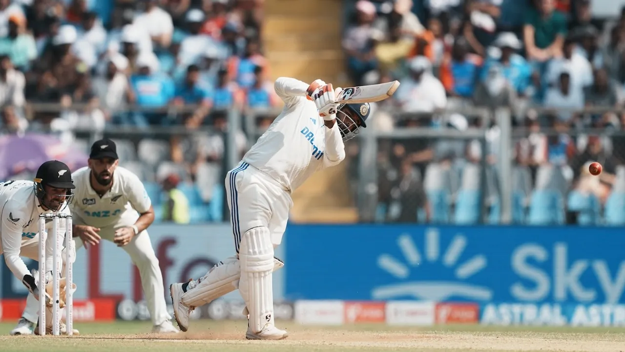 Rishabh Pant plays a shot during day three of third Test cricket match between India and New Zealand at Wankhede Stadium, in Mumbai, Sunday, Nov. 3, 2024.