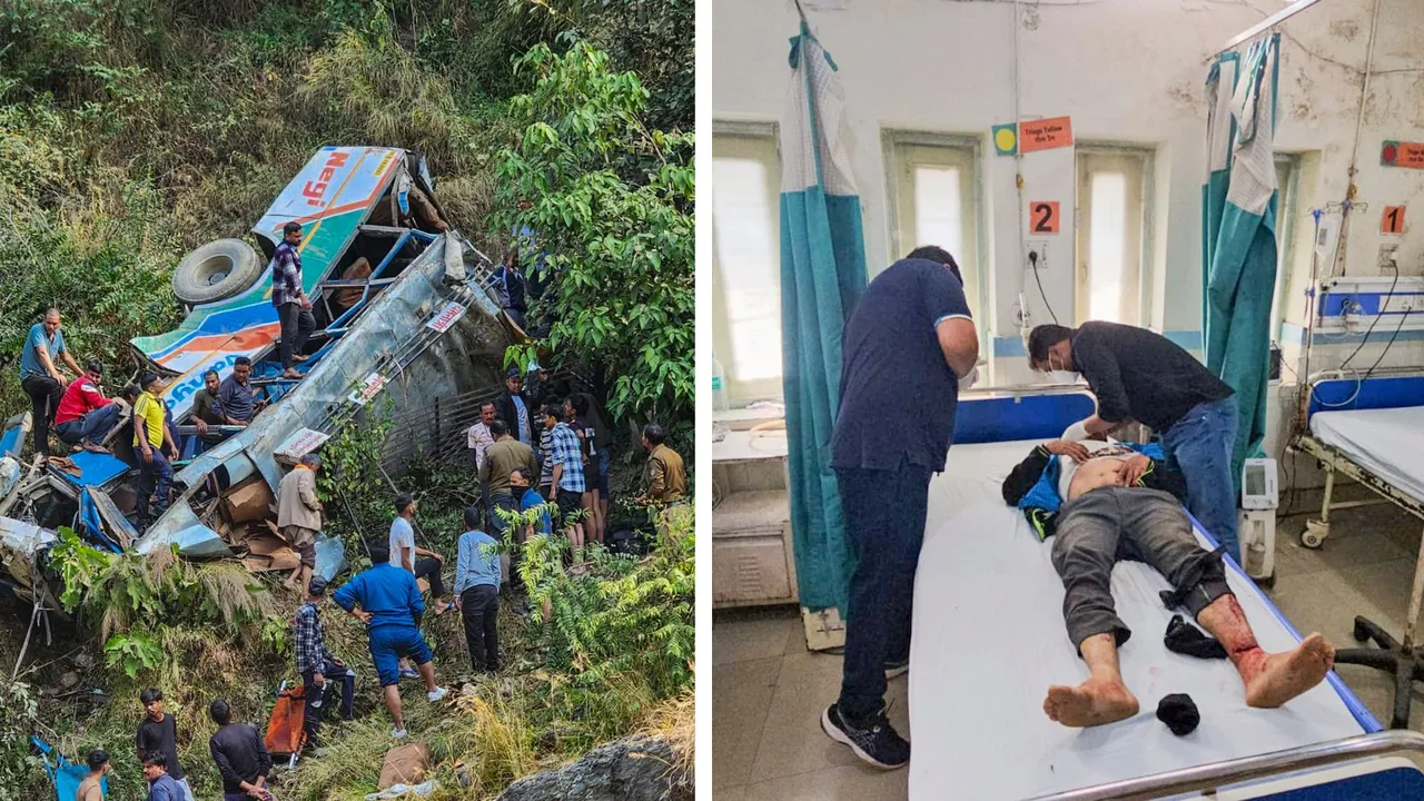 An injured being treated at a hospital after a passenger bus fell into a gorge in Kupi area, in Almora, Uttarakhand, Monday, Nov. 4, 2024.