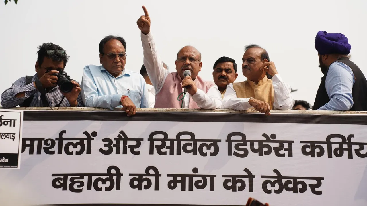 Delhi BJP leader Vijender Gupta protest at CM Atishi's residence, in New Delhi