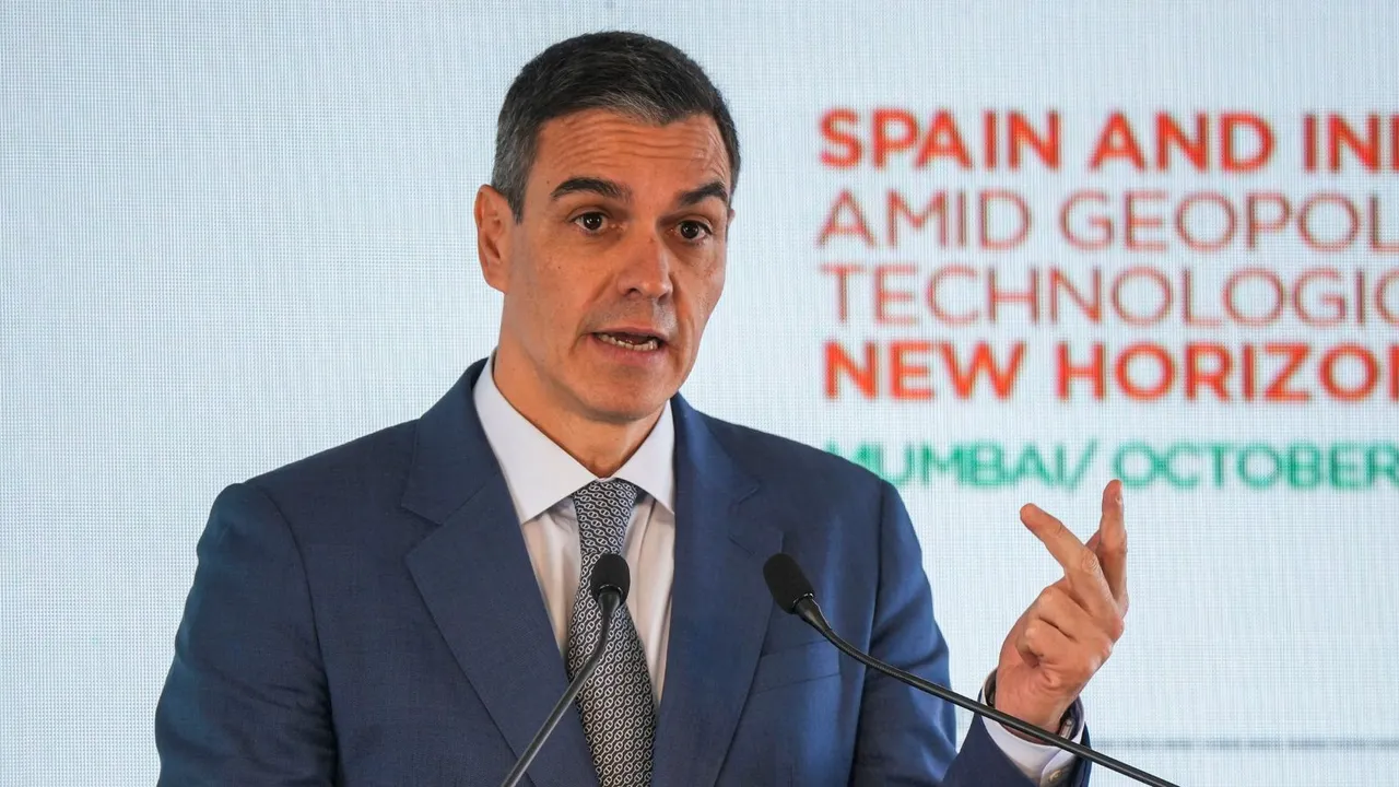Spanish Prime Minister Pedro Sanchez addresses at a conclave titled 'Spain and India Partnership Amid Geopolitical and Technological Challenges', in Mumbai, Tuesday, Oct. 29, 2024.