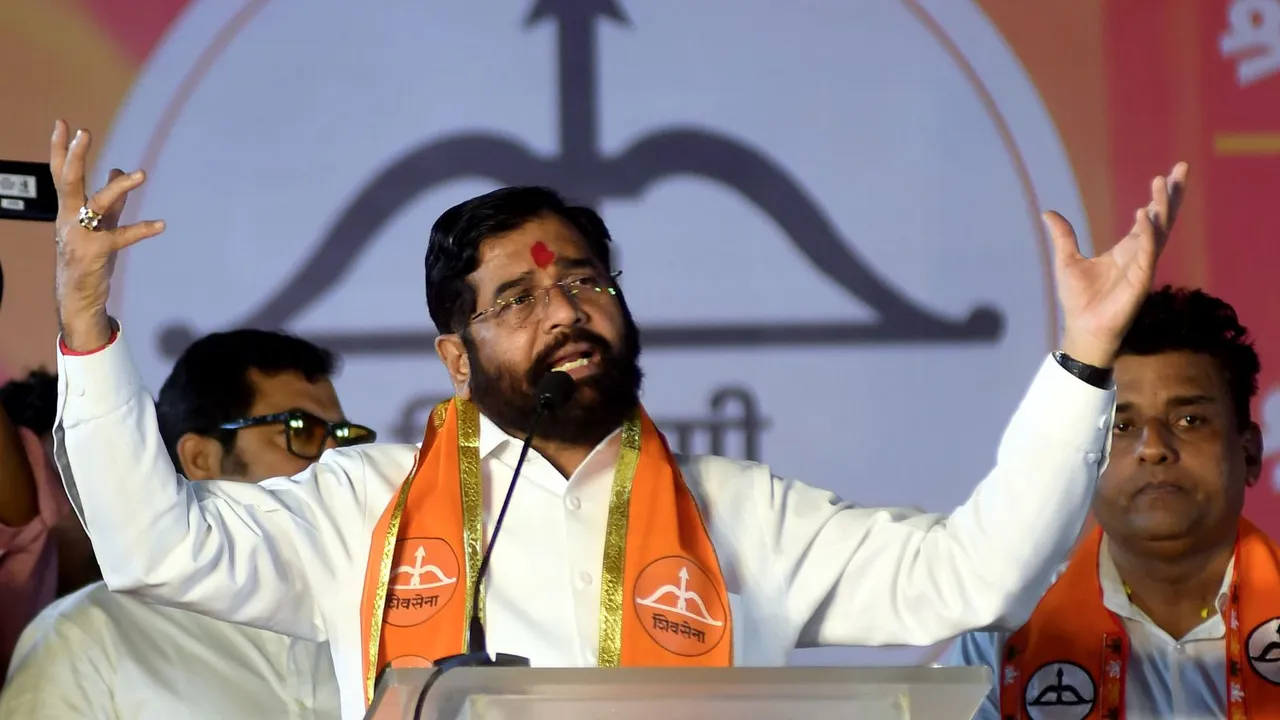 Maharashtra Chief Minister Eknath Shinde addresses a public meeting ahead of the State Assembly elections, in Mumbai, Sunday, Nov. 3, 2024.