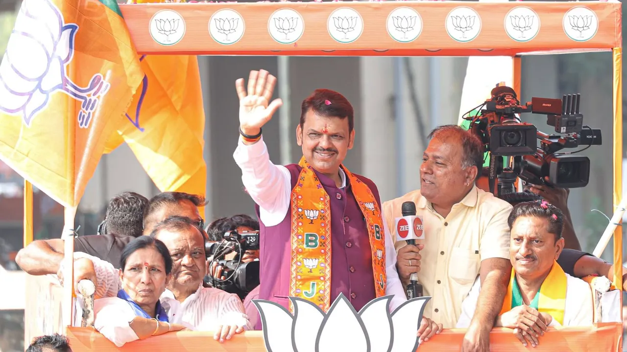 Maharashtra Deputy Chief Minister and BJP candidate Devendra Fadnavis during a rally ahead of the state Assembly elections, in South-West Nagpur, Maharashtra.
