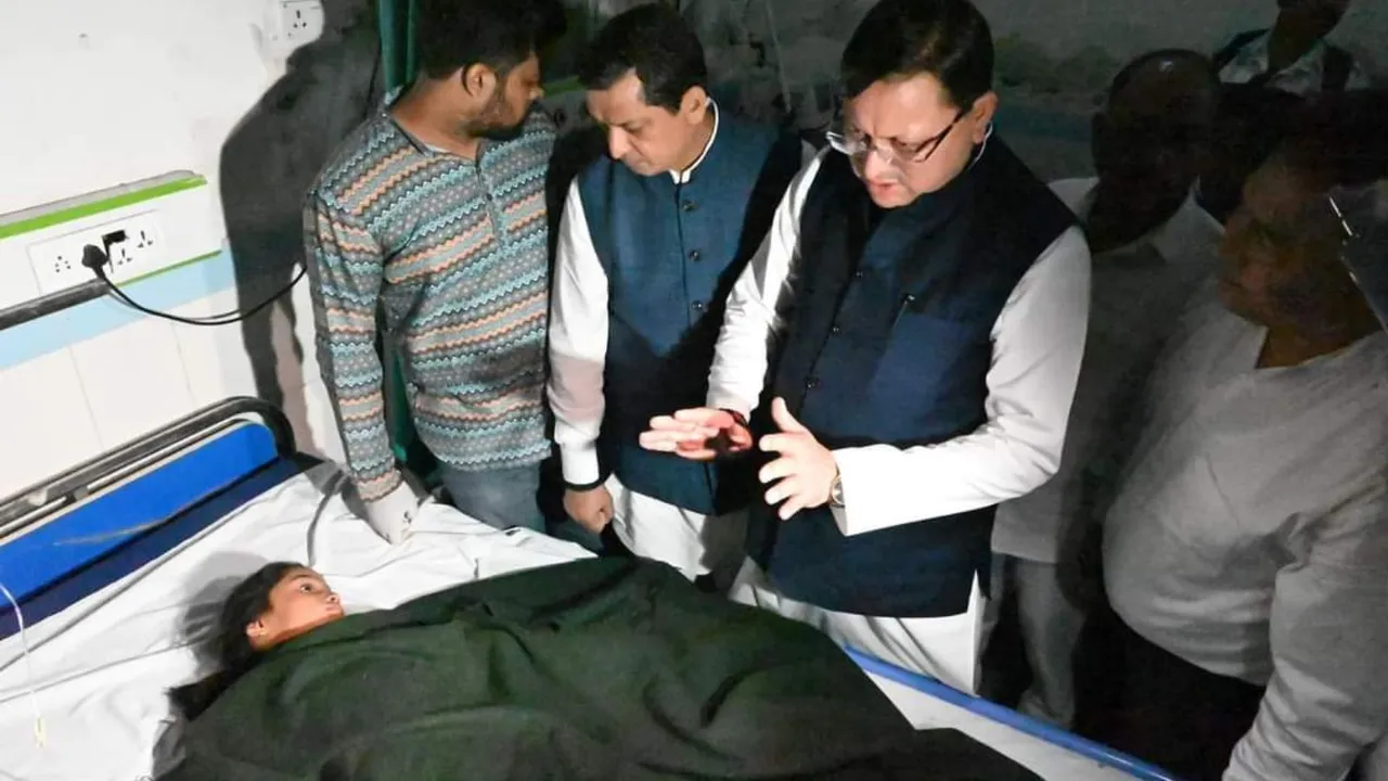 Uttarakhand Chief Minister Pushkar Singh Dhami meets injured being treated at a hospital, in Ramnagar, Monday, Nov. 4, 2024.