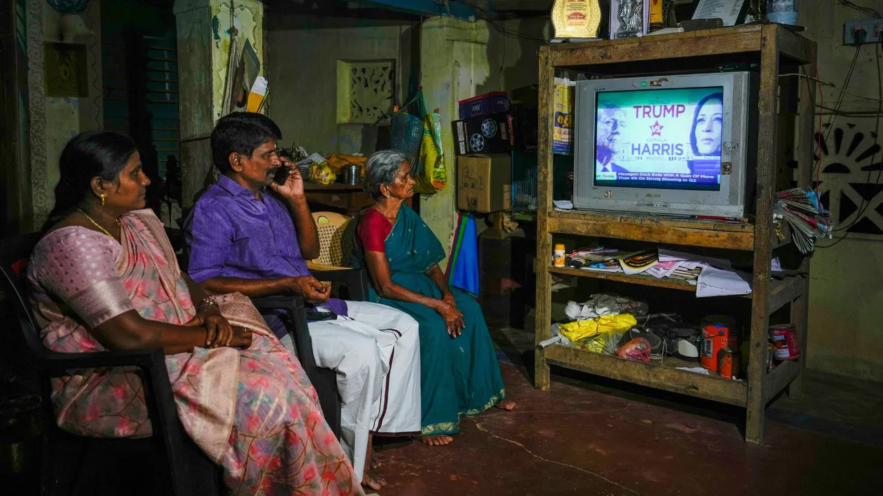 Locals watch the US Presidential election on television at the presidential candidate Kamala Harris' ancestral village, Thulasendrapuram in Thiruvarur district, Tuesday, Nov. 5, 2024.