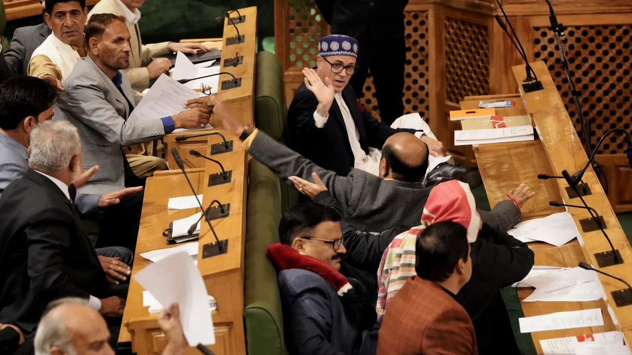 Jammu and Kashmir Chief Minister Omer Abdullah reacts after Dy CM Surinder Choudhary moved a resolution in the Assembly asking Centre to hold dialogue with MLAs for restoration of Article 370, in Srinagar, Wednesday, Nov. 6, 2024.