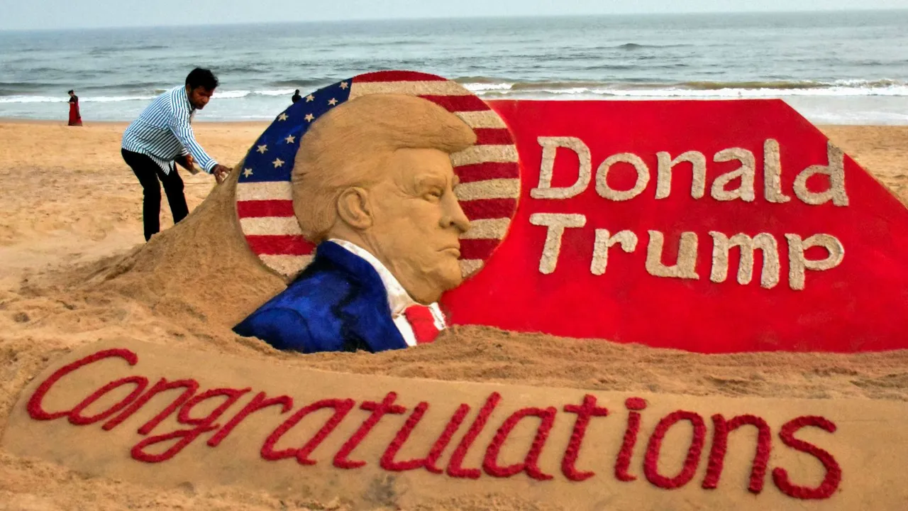 Sand artist Sudarsan Pattnaik creates a sand sculpture to congratulate Donald Trump for winning the US presidential election, at Puri beach in Odisha, Wednesday, Nov. 6, 2024.