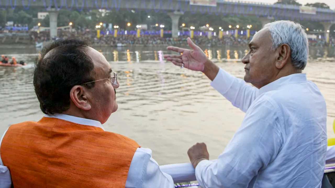 Bihar Chief Minister Nitish Kumar with BJP National President JP Nadda visits Ganga ghat on the occasion of Chhath Puja, in Patna, Thursday, Nov. 7, 2024.