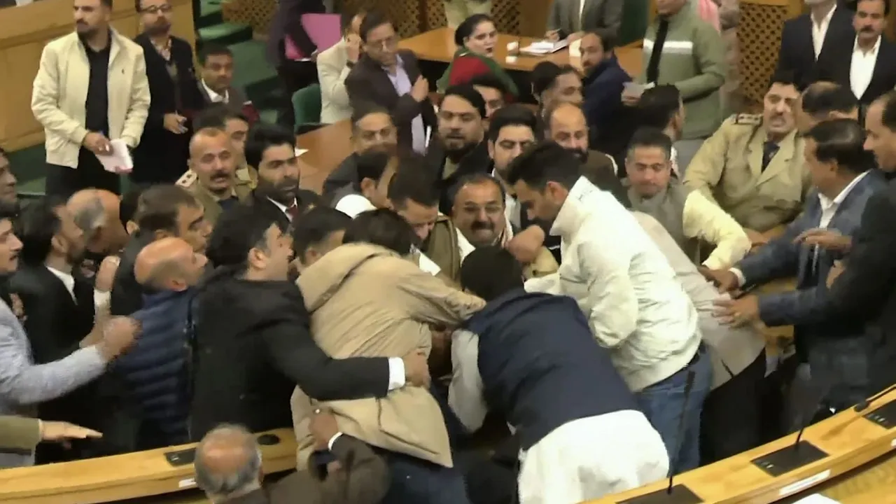 Ruckus in the Jammu and Kashmir Assembly after BJP members protested against the passage of a resolution on special status for the erstwhile state, leading the speaker to adjourn the proceedings briefly, in Srinagar, Thursday, Nov. 7, 2024.