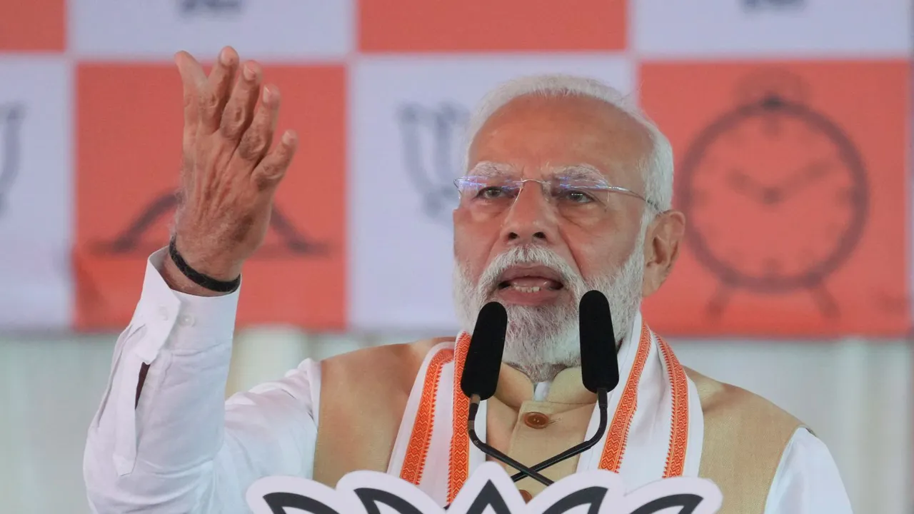 Prime Minister Narendra Modi during a public meeting ahead of the Maharashtra Assembly polls, in Nashik, Friday, Nov. 8, 2024.