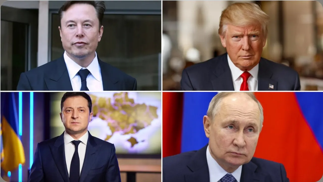 (Top) Elon Musk (left), Donald Trump, (Bottom) Volodymyr Zelenskyy (left), Valdimir Putin