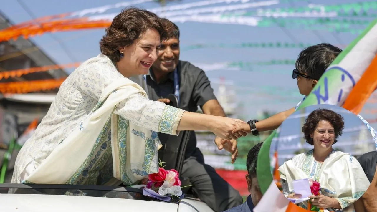 Congress candidate Priyanka Gandhi Vadra during a roadshow for Wayanad Lok Sabha seat by-polls, at Mananthavady in Wayanad district, Kerala, Sunday, Nov. 10, 2024