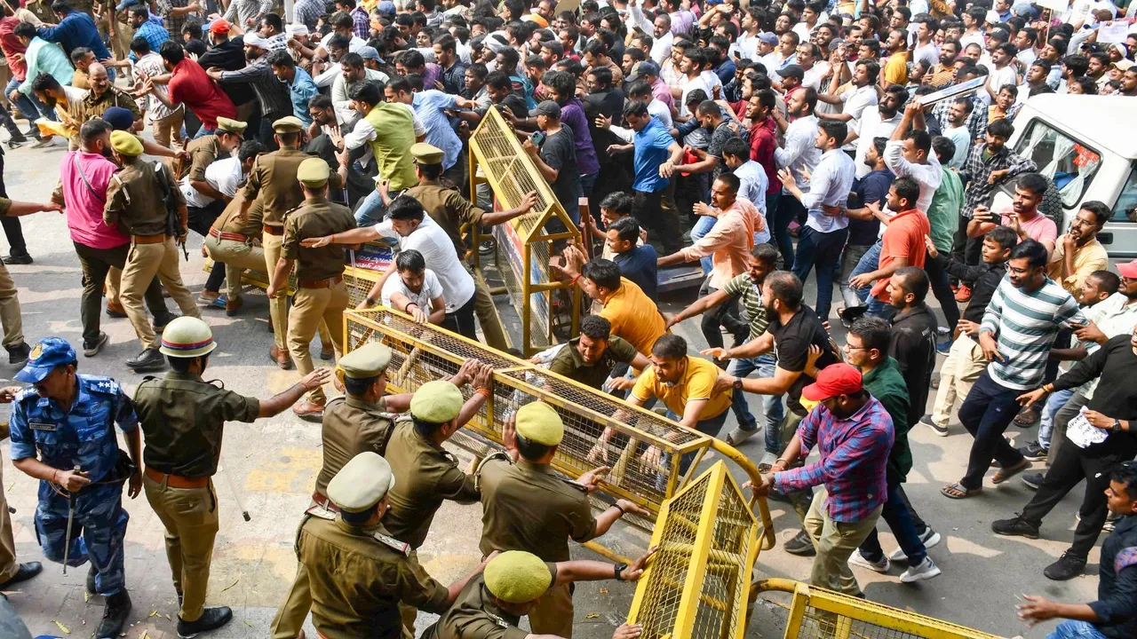 Civil services aspirants stage a protest against Uttar Pradesh Public Service Commission (UPPSC), in Prayagraj, Monday, Nov. 11, 2024.