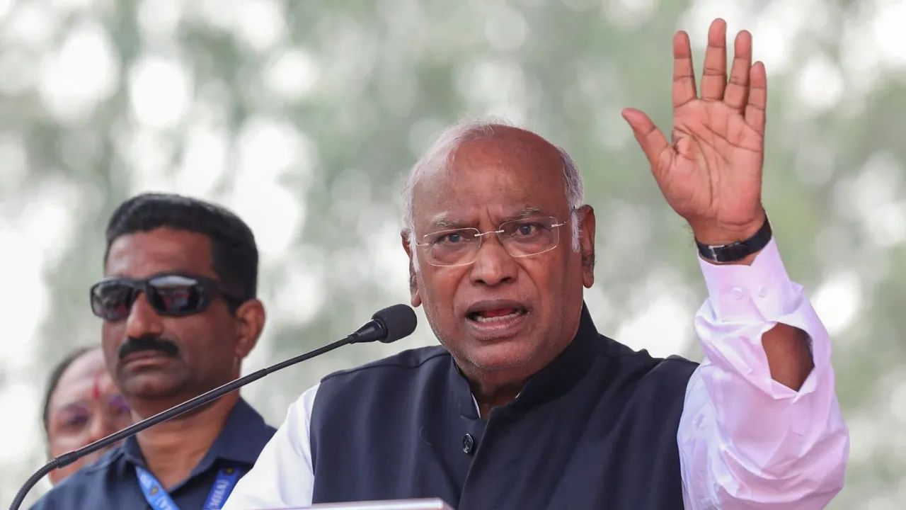 Congress President Mallikarjun Kharge addresses a public meeting ahead of Jharkhand Assembly elections, in Chhatarpur, Jharkhand, Monday, Nov. 11, 2024.