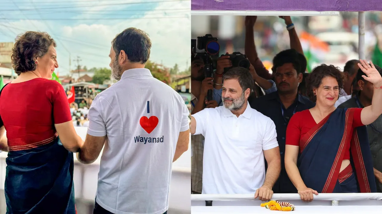 Congress leader Rahul Gandhi during a roadshow in support of party candidate and his sister Priyanka Gandhi Vadra, in Sulthan Bathery, Wayanad, Monday, Nov. 11, 2024.