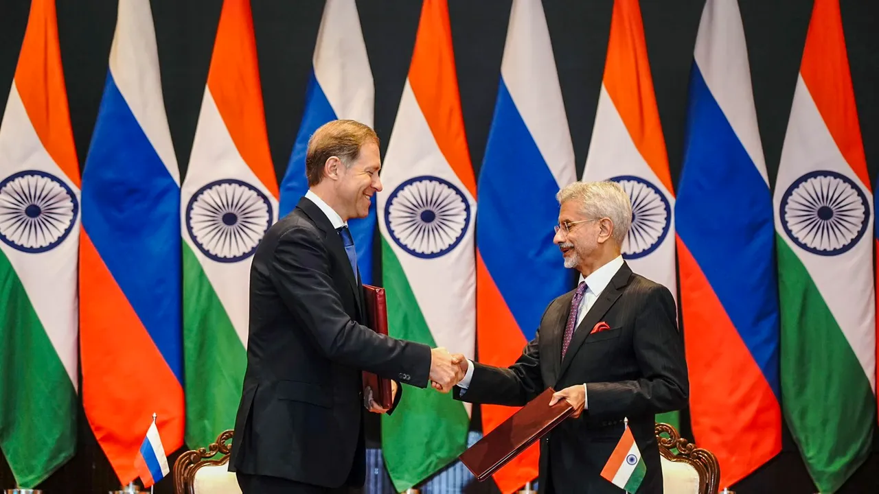 External Affairs Minister S Jaishankar with Russia's first Deputy Prime Minister Denis Manturov during the 25th meeting of the India-Russia Intergovernmental Commission, in New Delhi