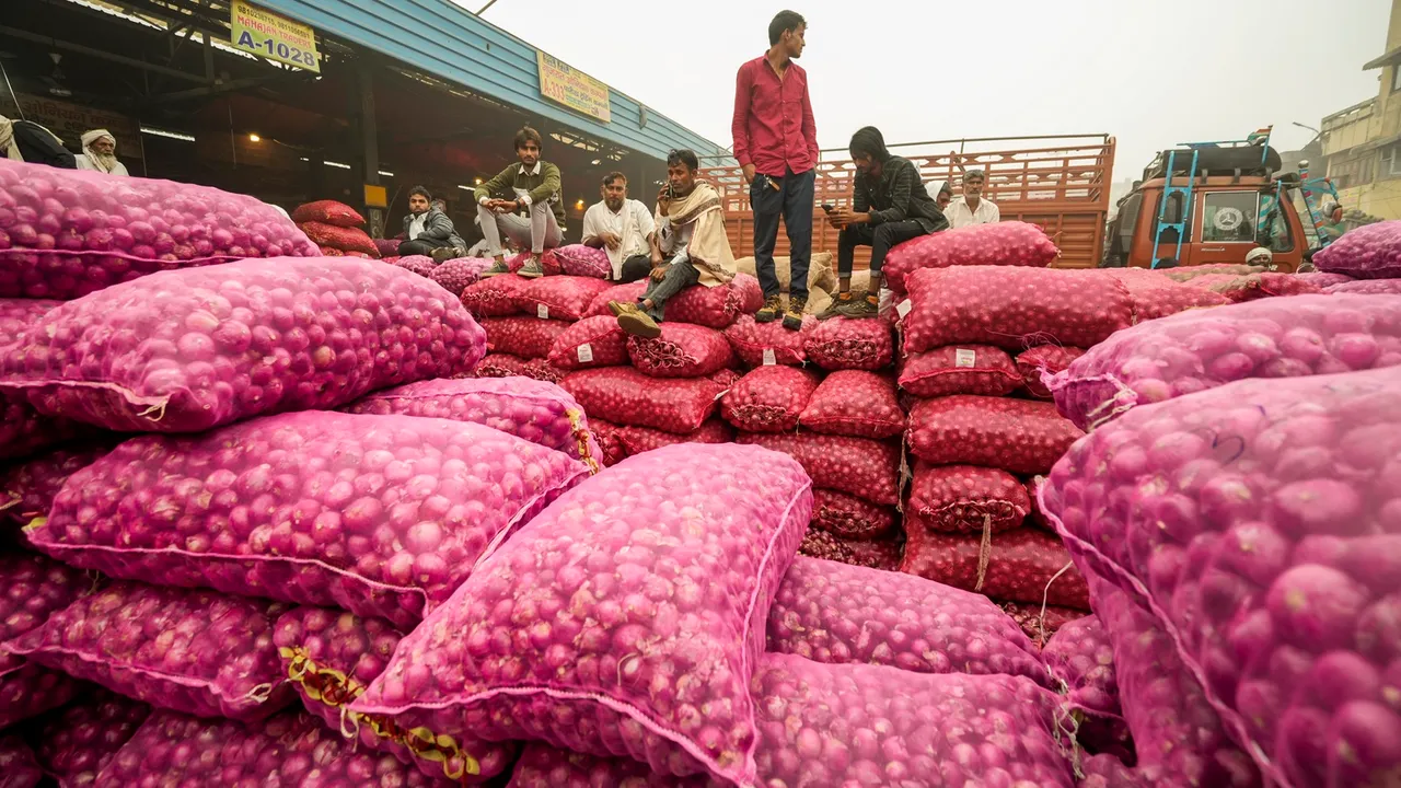 Labourers carry sacks of onions, at the Azadpur Mandi in New Delhi, Wednesday, Nov. 13, 2024.