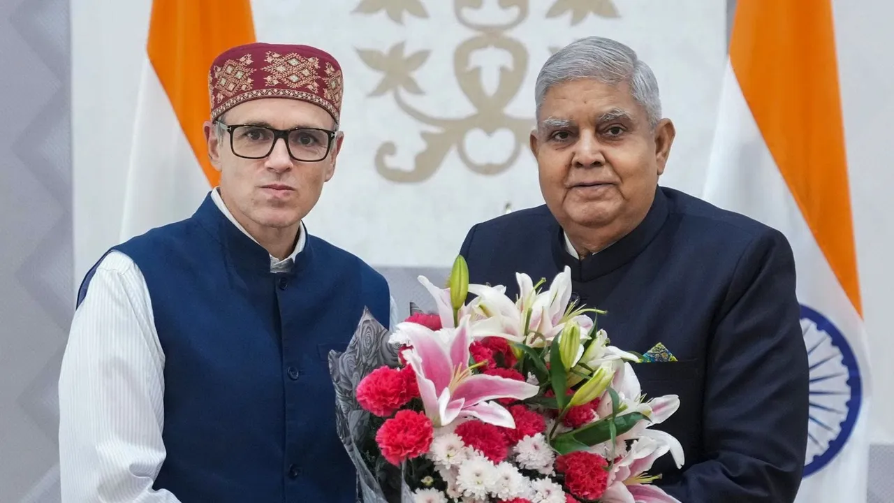Vice President Jagdeep Dhankhar with Jammu & Kashmir Chief Minister Omar Abdullah during a meeting at Vice President's Enclave, in New Delhi, Wednesday, Nov. 13, 2024.