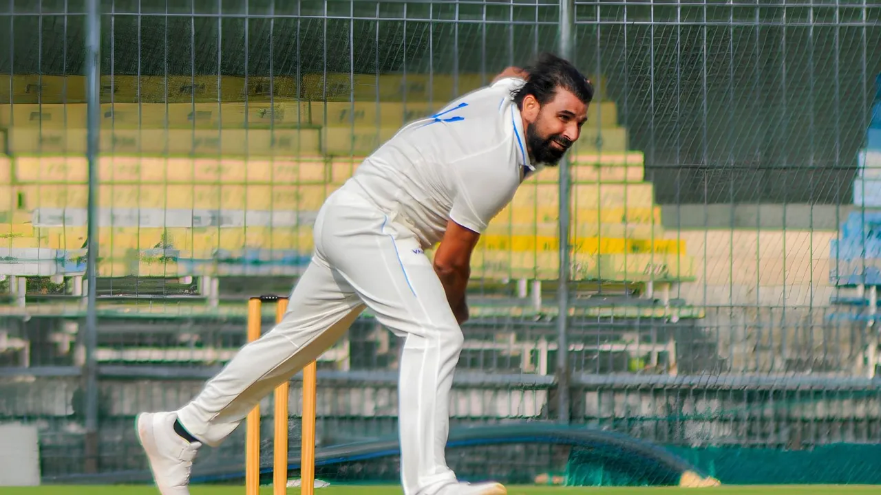 Bengal's Mohammed Shami reacts after bowling a delivery on the first day of a Ranji Trophy cricket match between Madhya Pradesh and Bengal, at the Holkar Cricket Stadium, in Indore