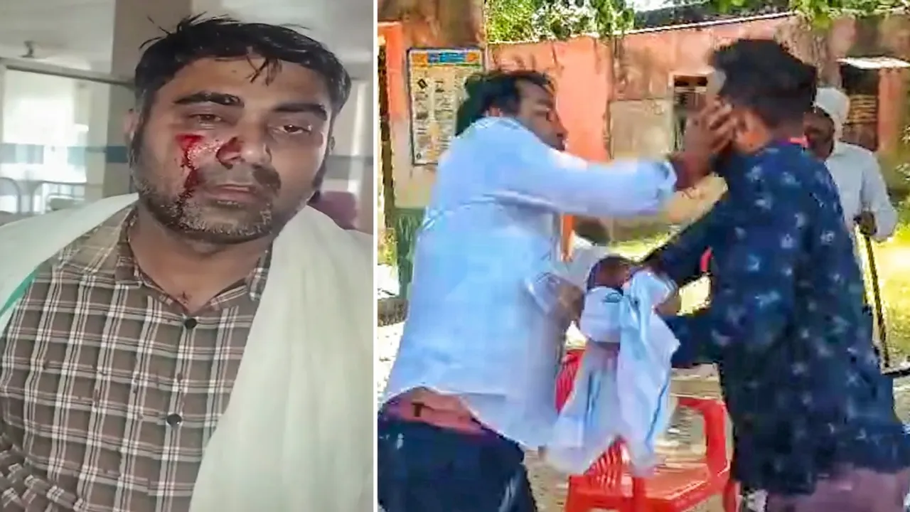 (Left) PTI reporter Ajeet Shekhawat was beaten up by supporters of independent candidate Naresh Meena in Tonk district of Rajasthan, on Thursday, Nov. 14, 2024. (Right) Meena slapped SDM Amit Chaudhary at a polling station on Wednesday.