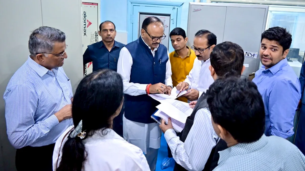 Uttar Pradesh Deputy Chief Minister Brajesh Pathak interacts with officials during an inspection after a fire broke out inside the Neonatal Intensive Care Unit (NICU) of the Maharani Laxmi Bai Medical College, in Jhansi district.