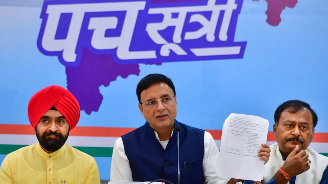 General Secretary of All India Congress Committee and in-charge of Karnataka Randeep Surjewala addressing during a press conference in Mumbai on Sunday, 17 Nov 2024.