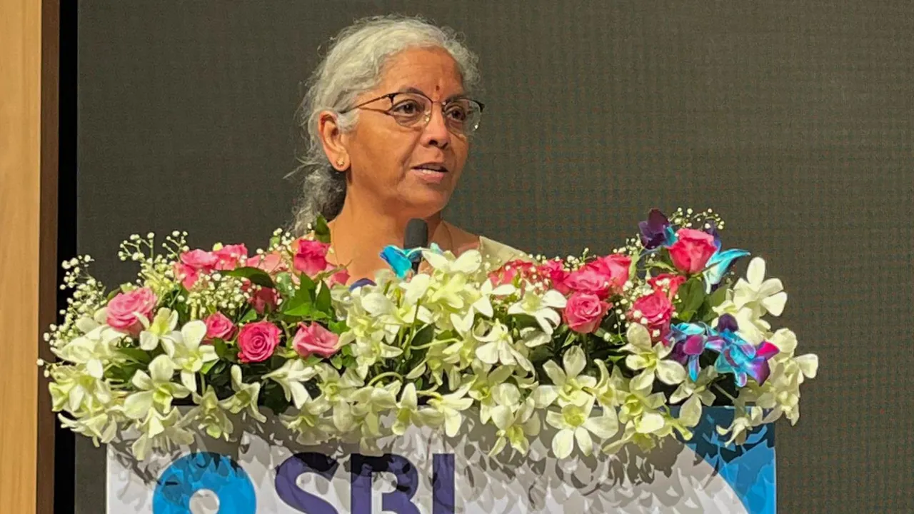 Union Finance Nirmala Sitharaman addresses the centenary celebrations of State Bank of India, in Mumbai, Maharashtra.