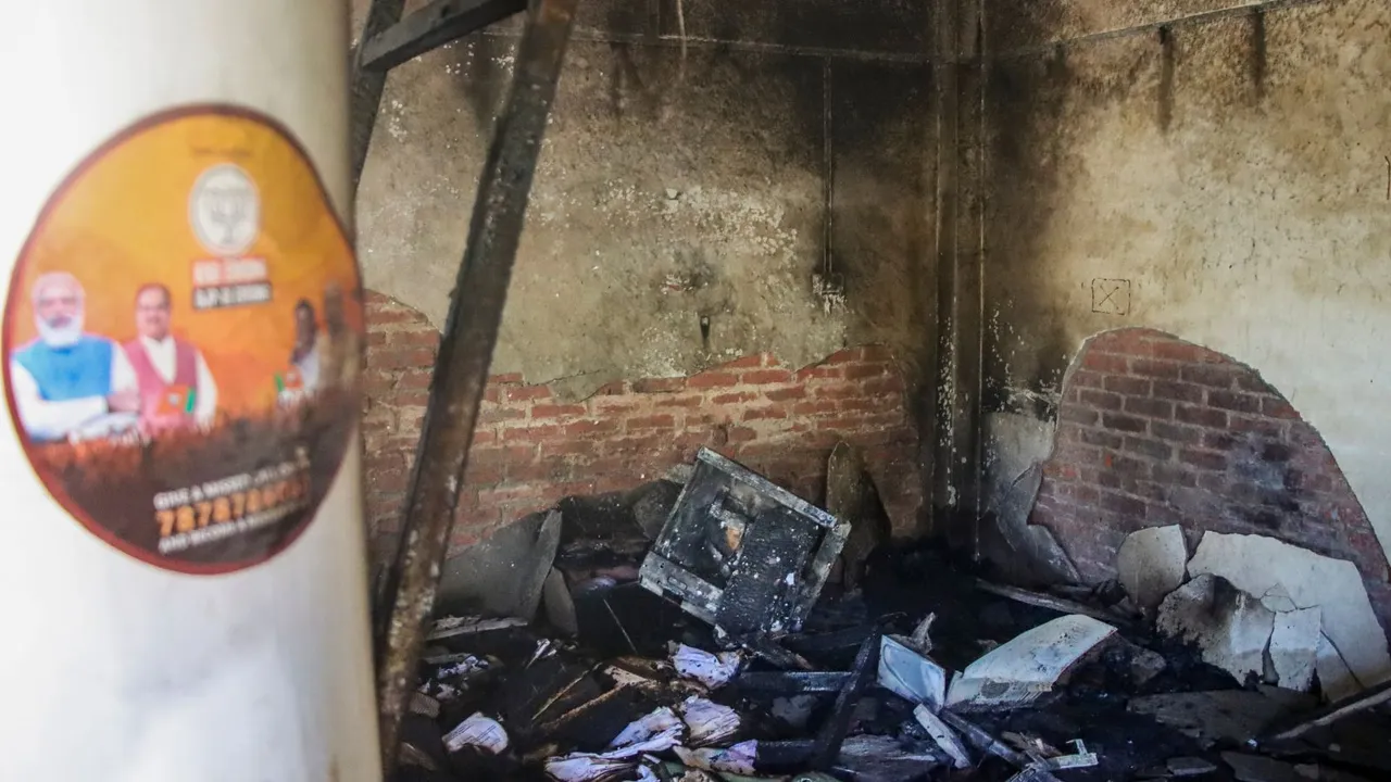 Charred remains of commodities at BJP leader and Manipur minister Govindas Konthoujam's residence, which was set on fire by some miscreants, at Ningthoukhong in Bishnupur district, Monday, Nov. 18, 2024.
