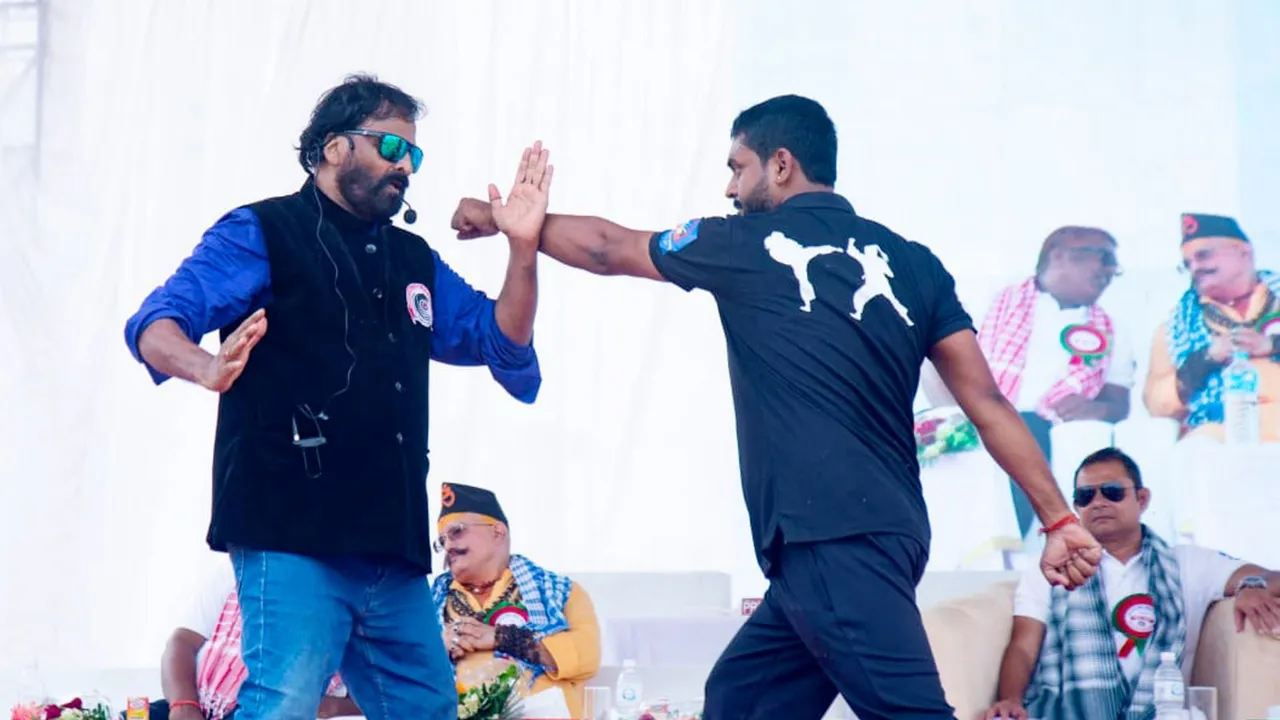 Renowned martial arts trainer Yajnesh Shetty during a self-defence session, in Birgunj, Nepal.