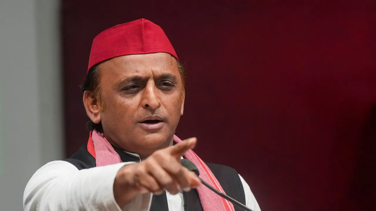 Samajwadi Party (SP) President Akhilesh Yadav addresses a press conference at the party headquarters, in Lucknow, Wednesday, Nov. 20, 2024.