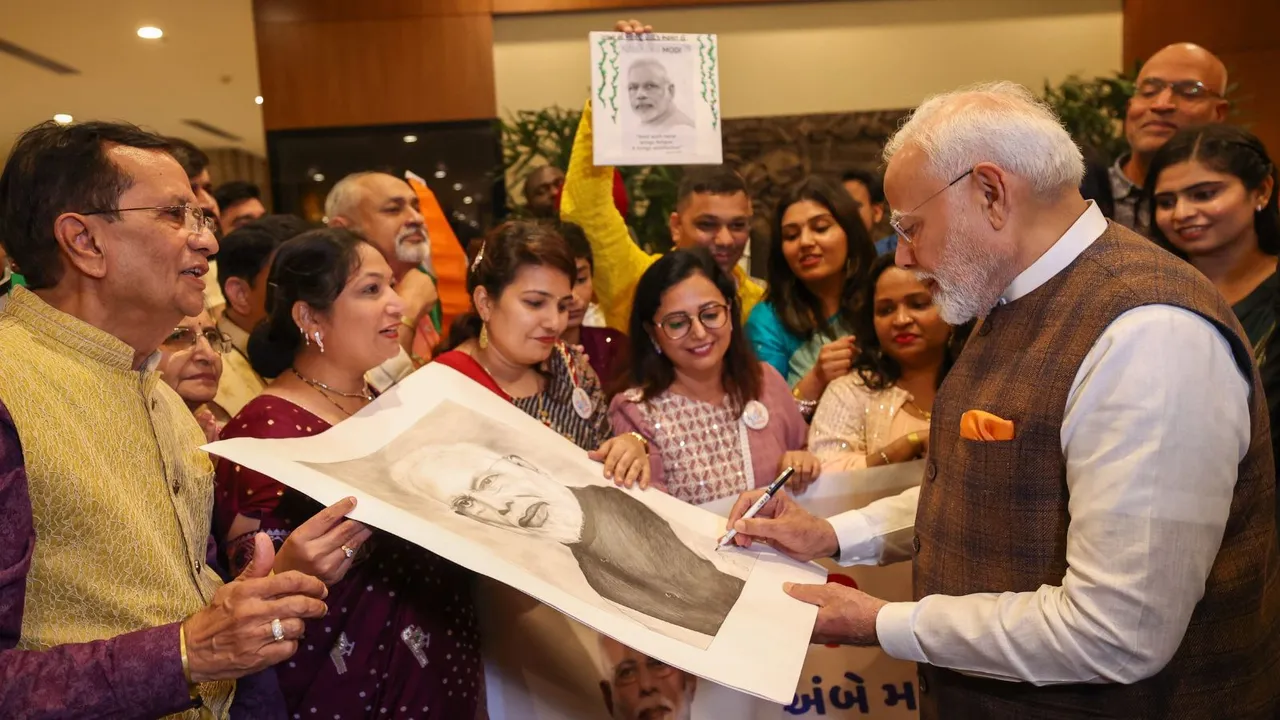 Prime Minister Narendra Modi being welcomed by members of the Indian community upon his arrival, in Georgetown, Guyana