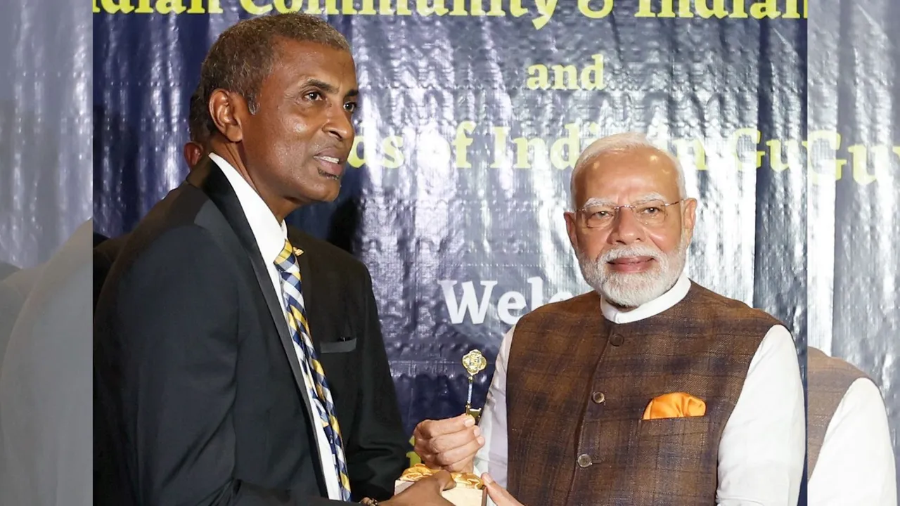 Prime Minister Narendra Modi being felicitated with the 'Key to the City of Georgetown' by the Mayor Alfred Mentore, in Georgetown, Guyana, Wednesday, Nov. 20, 2024.